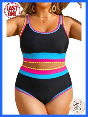 Women Plus Size Two Piece Swimsuit Bikini Set Tummy Control High Waisted Ribbed